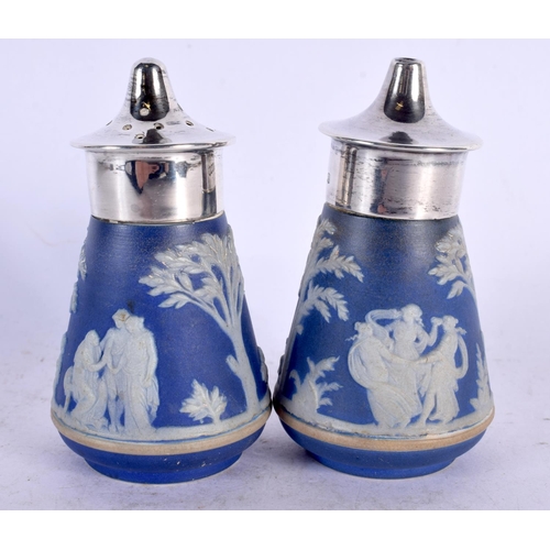 101 - A PAIR OF ART DECO SILVER MOUNTED WEDGWOOD CONDIMENTS. Sheffield 1930. 8 cm x 4.5 cm.