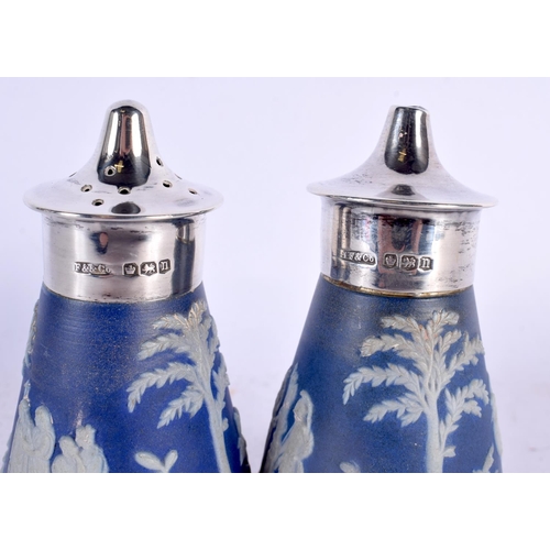 101 - A PAIR OF ART DECO SILVER MOUNTED WEDGWOOD CONDIMENTS. Sheffield 1930. 8 cm x 4.5 cm.