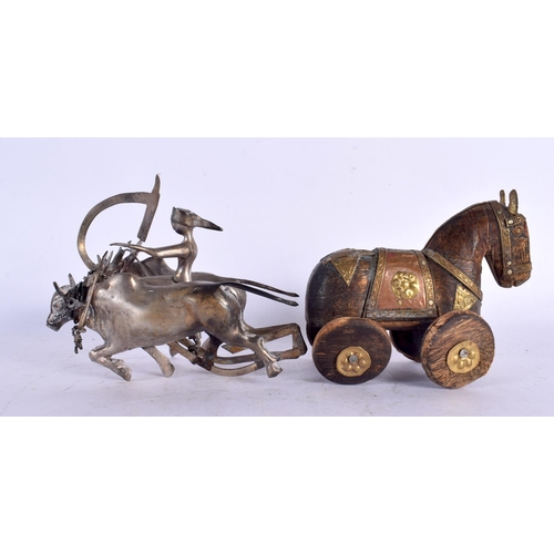 102 - A CHARMING INDIAN CARVED WOOD TOY HORSE together with a white metal oxen group. Oxen 106 grams. Larg... 
