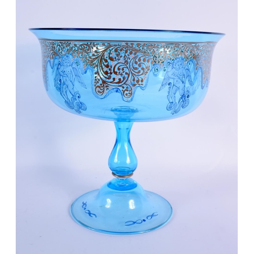 11 - A LOVELY EARLY 20TH CENTURY EUROPEAN ICEY BLUE PEDESTAL COMPORT painted with figures in various purs... 