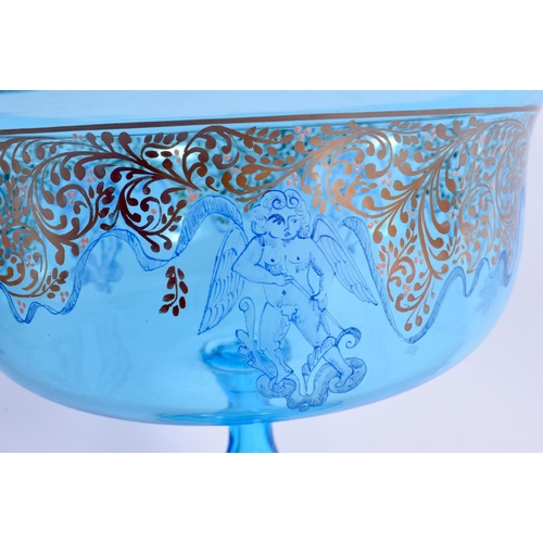 11 - A LOVELY EARLY 20TH CENTURY EUROPEAN ICEY BLUE PEDESTAL COMPORT painted with figures in various purs... 