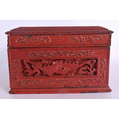 113 - A 19TH CENTURY CHINESE RED LACQUERED RECTANGULAR CASKET Qing, decorated with figures and landscapes.... 