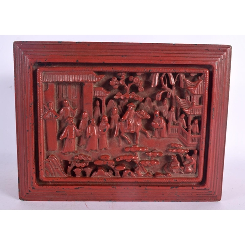 113 - A 19TH CENTURY CHINESE RED LACQUERED RECTANGULAR CASKET Qing, decorated with figures and landscapes.... 