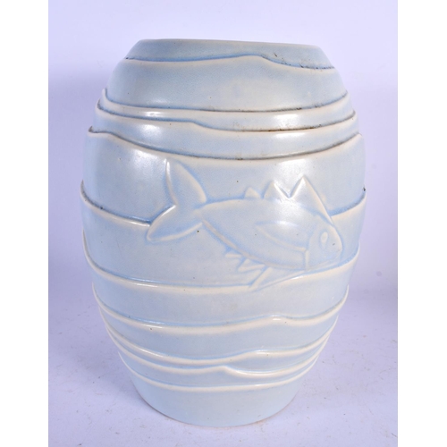 120 - A 1930S BRETBY POTTERY SKY BLUE GLAZED VASE. 25 cm x 18 cm.