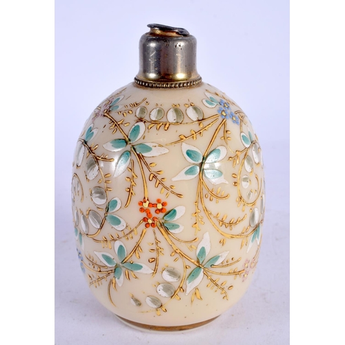 122 - A LATE VICTORIAN OPALINE GLASS ENAMELLED SCENT BOTTLE. 12 cm high.