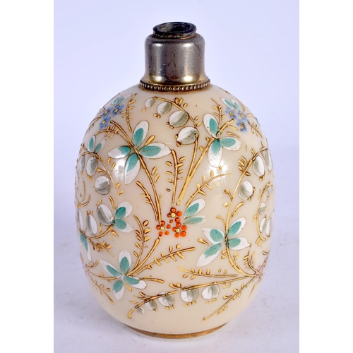 122 - A LATE VICTORIAN OPALINE GLASS ENAMELLED SCENT BOTTLE. 12 cm high.