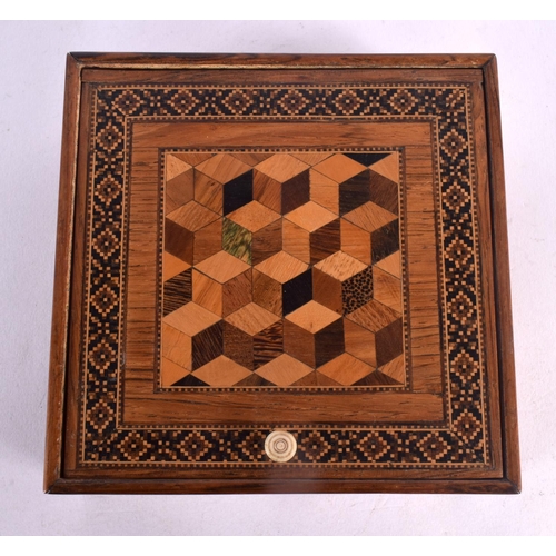 129 - A VICTORIAN TUNBRIDGE WARE BOX AND COVER decorated with foliage. 14.5 cm square.