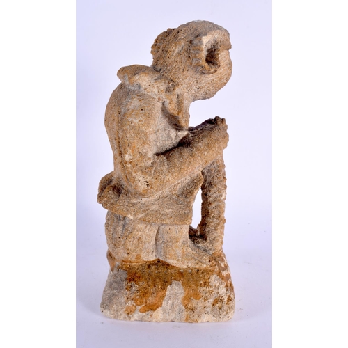 14 - AN UNUSUAL GROTESQUE STUDIO POTTERY FIGURE OF AN IMP together with an Arts and Crafts type tile. Lar... 