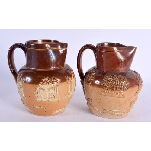 142 - A 19TH CENTURY DOULTON STONEWARE HUNTING JUGS together with five others. Largest 25.5 cm high. (6)