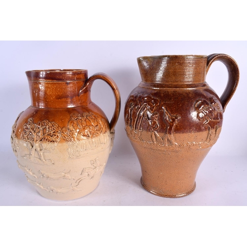 142 - A 19TH CENTURY DOULTON STONEWARE HUNTING JUGS together with five others. Largest 25.5 cm high. (6)