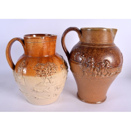 142 - A 19TH CENTURY DOULTON STONEWARE HUNTING JUGS together with five others. Largest 25.5 cm high. (6)