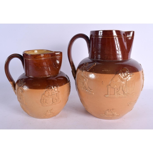 142 - A 19TH CENTURY DOULTON STONEWARE HUNTING JUGS together with five others. Largest 25.5 cm high. (6)