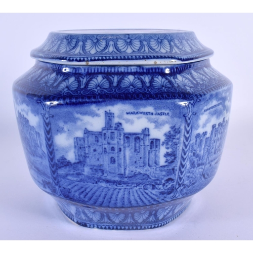 151 - A RARE EARLY 20TH CENTURY ENGLISH BLUE AND WHITE POTTERY TEA CADDY AND COVER decorated with castles.... 