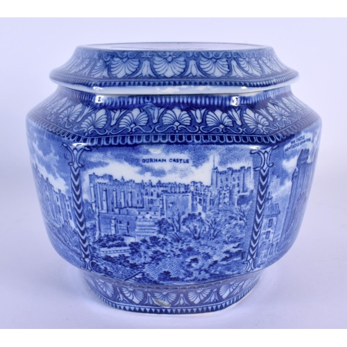 151 - A RARE EARLY 20TH CENTURY ENGLISH BLUE AND WHITE POTTERY TEA CADDY AND COVER decorated with castles.... 