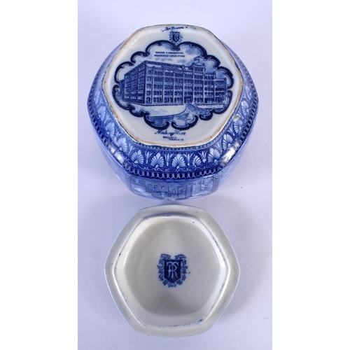 151 - A RARE EARLY 20TH CENTURY ENGLISH BLUE AND WHITE POTTERY TEA CADDY AND COVER decorated with castles.... 