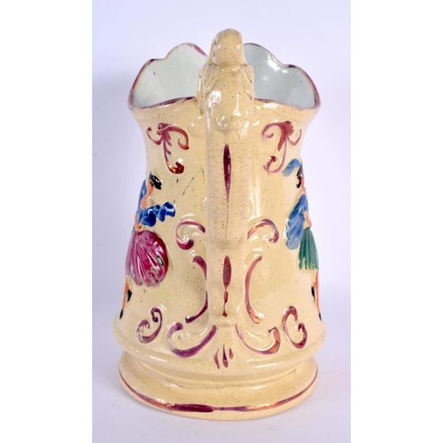 16 - A 19TH CENTURY SUNDERLAND LUSTRE POTTERY JUG decorated with figures. 21 cm x 14 cm.