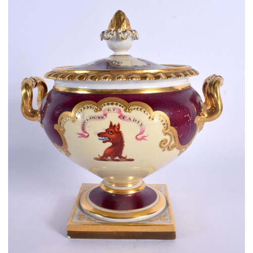 167 - 18th century Flight Barr and Barr tureen and cover painted with a claret coloured ground and an armo... 