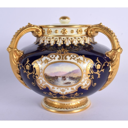 168 - 19th century Coalport three handled vase and cover painted with a Loch Scene on a cobalt blue ground... 