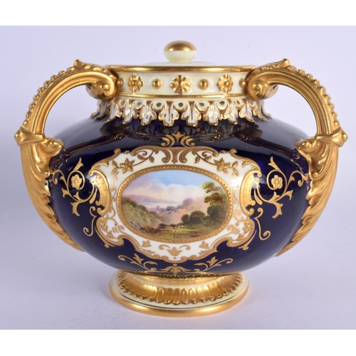 168 - 19th century Coalport three handled vase and cover painted with a Loch Scene on a cobalt blue ground... 