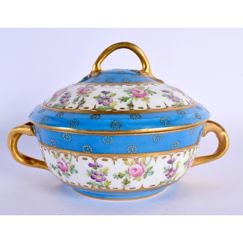 180 - 19th century Paris porcelain handled bowl and cover painted with roses under turquoise borders .  12... 