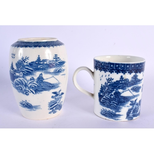 196 - 18th c. Caughley mug, a small plate and a tea canister all in the Fisherman pattern.  Plate 18.5cm d... 