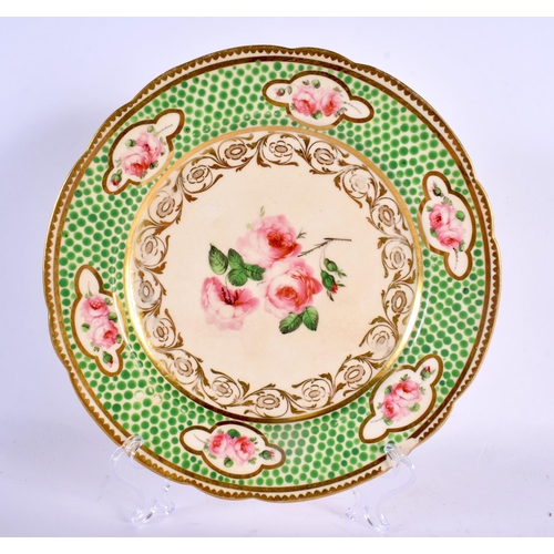 20 - A SET OF THREE EARLY 19TH CENTURY ENGLISH PORCELAIN PLATES decorated with raised green enamels and r... 