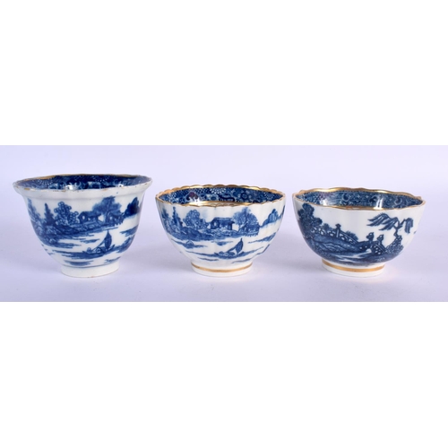 206 - 18th c. Caughley porcelain Pagoda beaker and saucer, two Temple tea bowls and saucers (6)