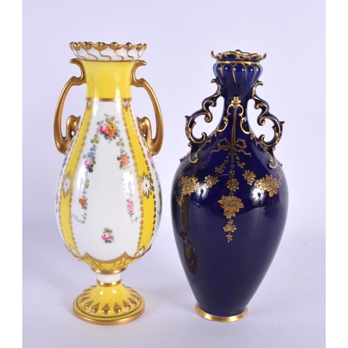 218 - Early 20th century Royal Crown Derby blue ground two handled vase with raised paste gilding and anot... 