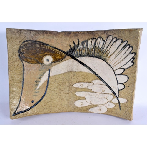 23 - A LARGE 1980S STUDIO POTTERY STONEWARE CURVING PLAQUE depicting an abstract bird. 38 cm x 30 cm.