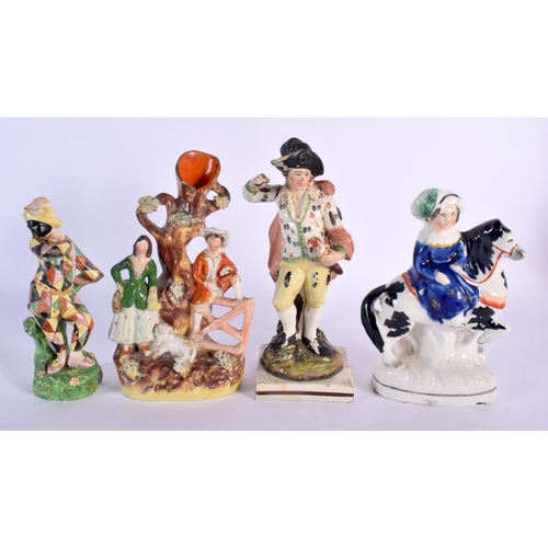 238 - 18th century Staffordshire figure of a harlequin after a Bow original, a square base figure of a man... 