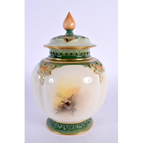 243 - Royal Worcester pot pourri vase and cover painted with a gold finch by E. Barker, signed, shape 278H... 