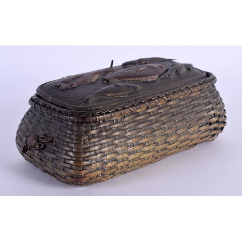 277 - A RARE 19TH CENTURY JAPANESE MEIJI PERIOD MIXED METAL INKWELL formed as a basket of fish overlaid wi... 