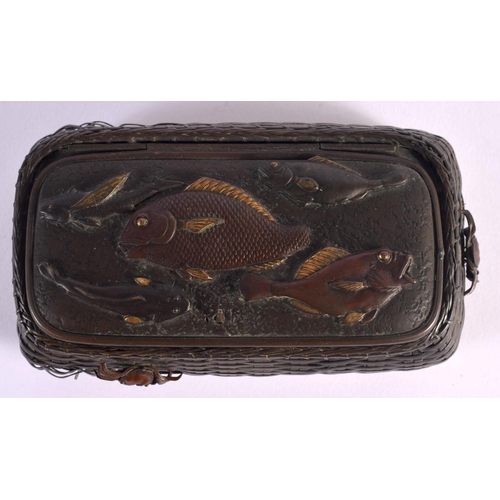 277 - A RARE 19TH CENTURY JAPANESE MEIJI PERIOD MIXED METAL INKWELL formed as a basket of fish overlaid wi... 