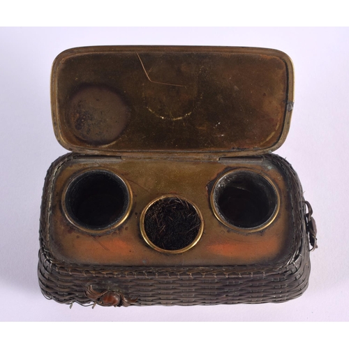 277 - A RARE 19TH CENTURY JAPANESE MEIJI PERIOD MIXED METAL INKWELL formed as a basket of fish overlaid wi... 