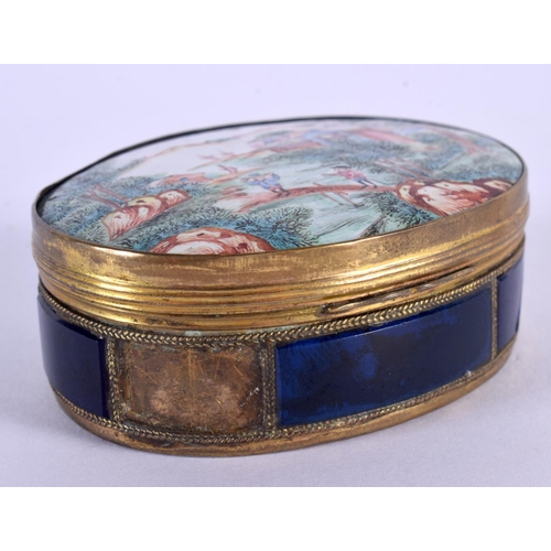 285 - A VERY RARE 18TH CENTURY CHINESE EXPORT ENAMEL OVAL PILL BOX Qianlong, painted with figures in lands... 