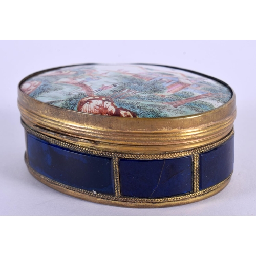 285 - A VERY RARE 18TH CENTURY CHINESE EXPORT ENAMEL OVAL PILL BOX Qianlong, painted with figures in lands... 