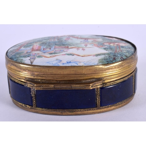 285 - A VERY RARE 18TH CENTURY CHINESE EXPORT ENAMEL OVAL PILL BOX Qianlong, painted with figures in lands... 