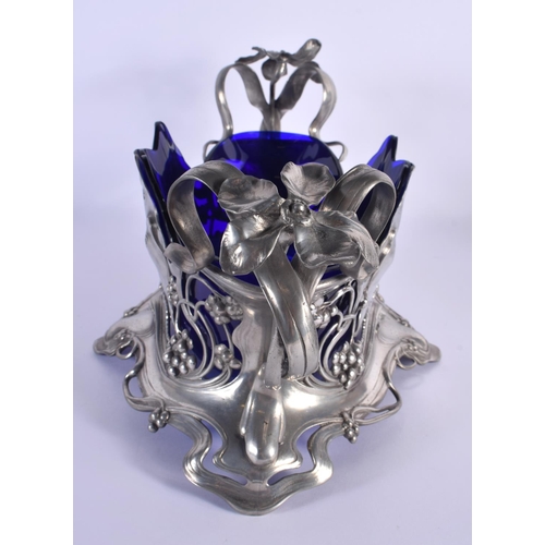 287 - A LOVELY LARGE ART NOUVEAU WMF PEWTER AND BLUE GLASS JARDINIERE formed with opposing dragonflies and... 