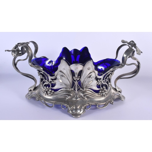 287 - A LOVELY LARGE ART NOUVEAU WMF PEWTER AND BLUE GLASS JARDINIERE formed with opposing dragonflies and... 