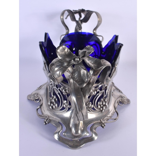 287 - A LOVELY LARGE ART NOUVEAU WMF PEWTER AND BLUE GLASS JARDINIERE formed with opposing dragonflies and... 