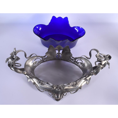 287 - A LOVELY LARGE ART NOUVEAU WMF PEWTER AND BLUE GLASS JARDINIERE formed with opposing dragonflies and... 