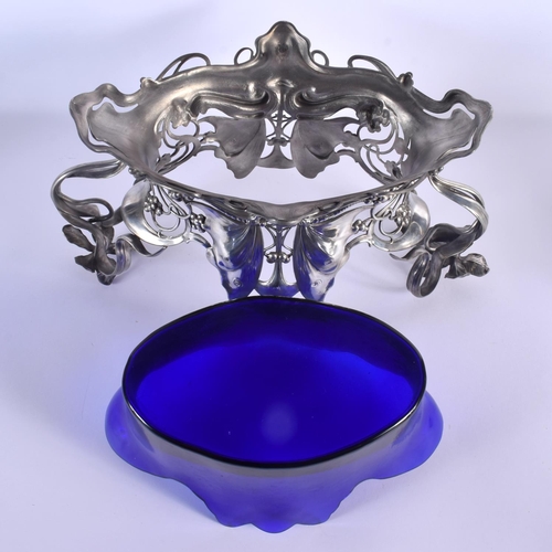 287 - A LOVELY LARGE ART NOUVEAU WMF PEWTER AND BLUE GLASS JARDINIERE formed with opposing dragonflies and... 