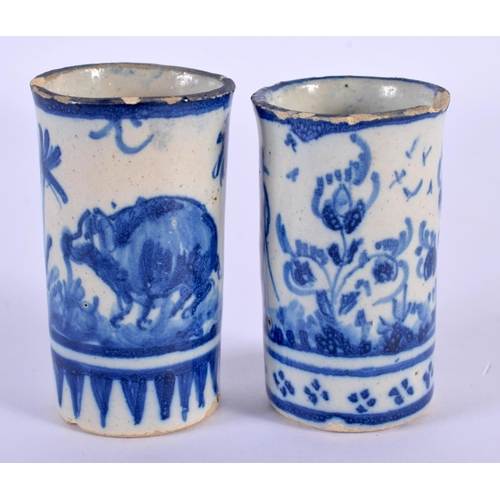 294 - AN UNUSUAL PAIR OF 18TH CENTURY CONTINENTAL DELFT FAIENCE VASES of diminutive proportions. 6.5 cm x ... 