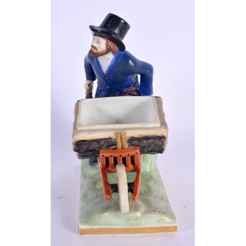 30 - A RARE ANTIQUE RUSSIAN PORCELAIN FIGURE OF A MALE modelled holding a barrow upon a naturalistic base... 