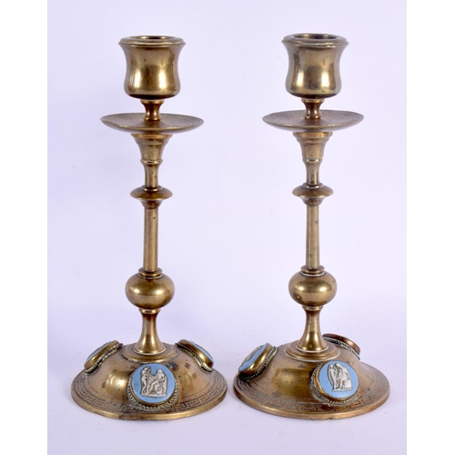 313 - A 19TH CENTURY ENGLISH BRONZE COUNTRY HOUSE GARNITURE inset with wedgwood blue basalt medallions. La... 
