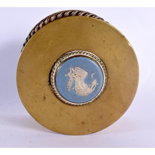 313 - A 19TH CENTURY ENGLISH BRONZE COUNTRY HOUSE GARNITURE inset with wedgwood blue basalt medallions. La... 