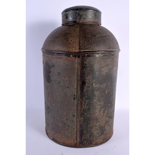 318 - AN ANTIQUE COUNTRY HOUSE TOLEWARE TIN TOBACCO CANISTER AND COVER painted with a Chinaman. 38 cm x 20... 