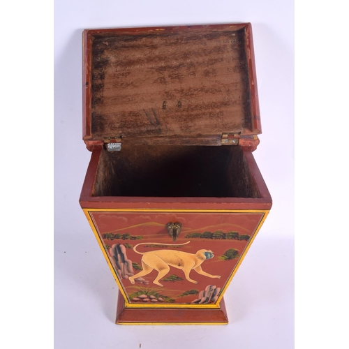 320 - A CHARMING EARLY 20TH CENTURY INDIAN COUNTRY HOUSE LACQUERED WOOD BOX painted all over with monkeys ... 