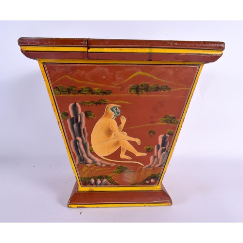 320 - A CHARMING EARLY 20TH CENTURY INDIAN COUNTRY HOUSE LACQUERED WOOD BOX painted all over with monkeys ... 