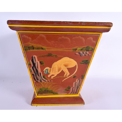 320 - A CHARMING EARLY 20TH CENTURY INDIAN COUNTRY HOUSE LACQUERED WOOD BOX painted all over with monkeys ... 